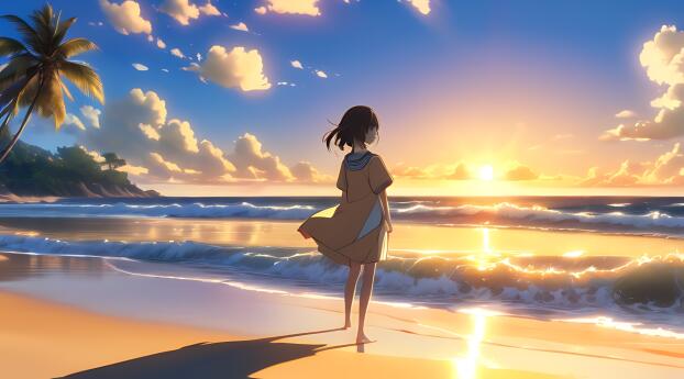 Anime Girl HD Sunset Landscape Wallpaper 1440x450 Resolution