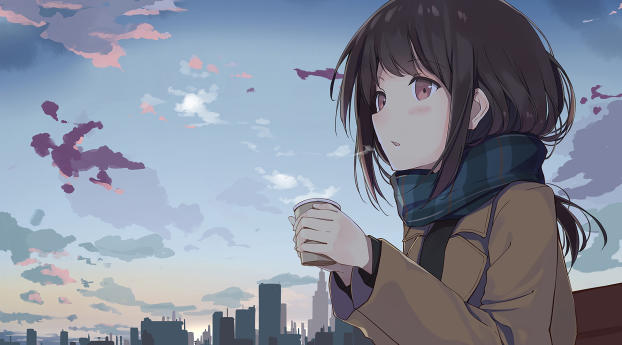 Anime Girl Holding Tea Outside Wallpaper 1360x768 Resolution