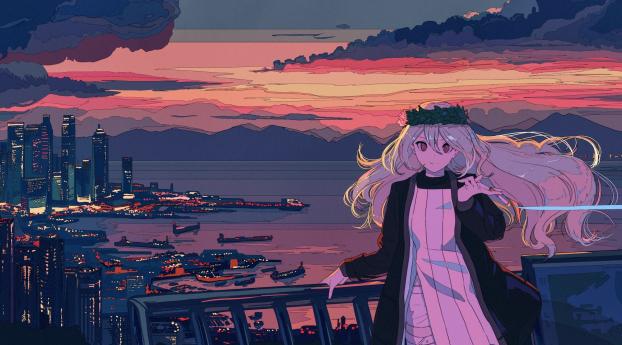 Anime Girl In Balcony Cityscape Sea And Sunset Wallpaper