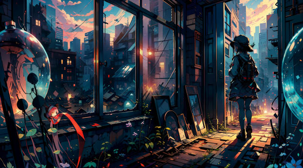 Anime Girl in Ghost Town Wallpaper 1920x1080 Resolution