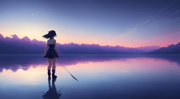 Anime Girl in Gradient Evening Ocean Wallpaper 1920x1080 Resolution