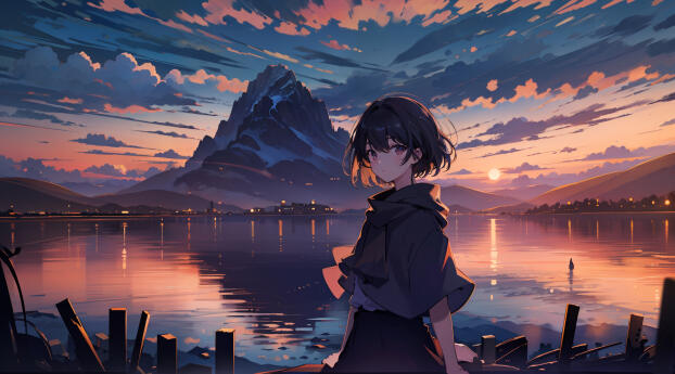 Anime Girl in Mountains Lake Wallpaper 1288x600 Resolution