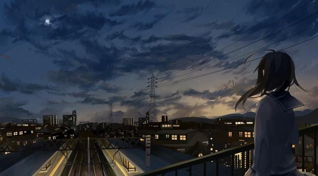 Anime Girl In School Uniform Watching City Sky Wallpaper 2048x1024 Resolution
