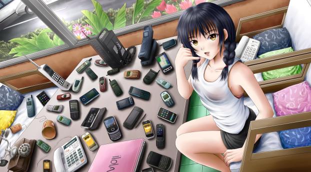 anime, girl, mobile phones Wallpaper 1024x768 Resolution