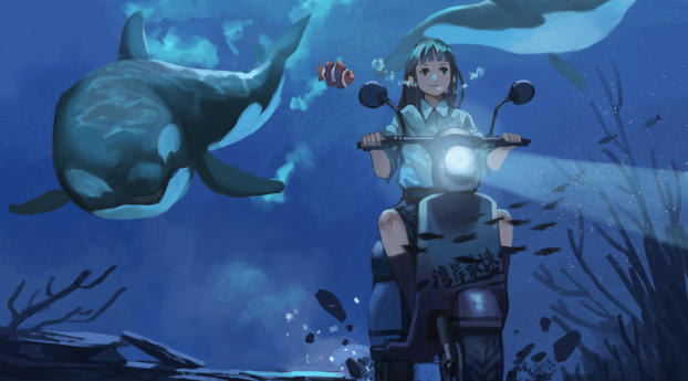 Anime Girl Riding Bike Under Water Wallpaper 1080x2248 Resolution