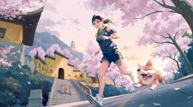 Anime Girl Running with Dog Wallpaper 1440x3120 Resolution