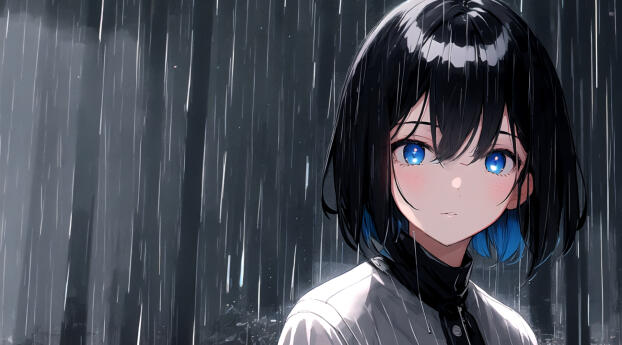 Anime Girl Sad Blue Eyes in Rain Wallpaper 3840x4320 Resolution