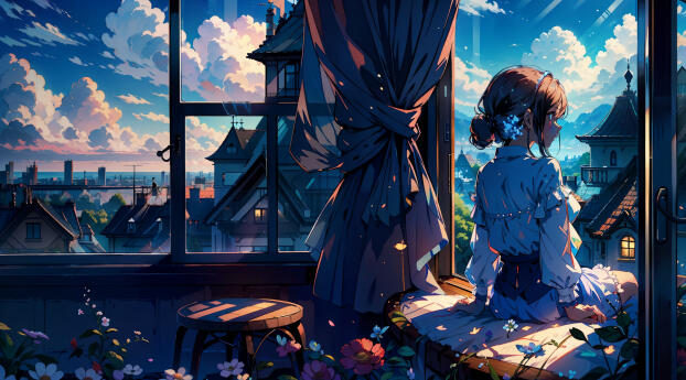 Anime Girl Sitting On A Window Wallpaper 1920x1080 Resolution