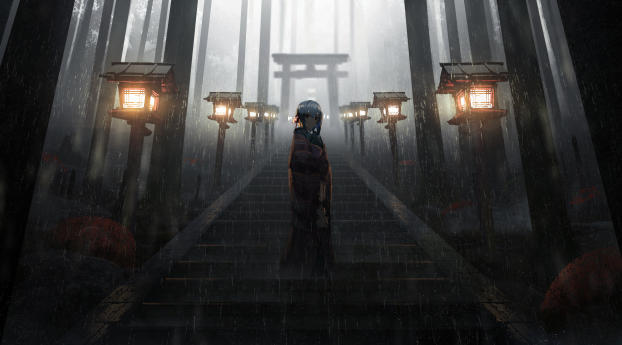 Anime Girl Standing in Rain inside Torii 5K Wallpaper 1080x2256 Resolution