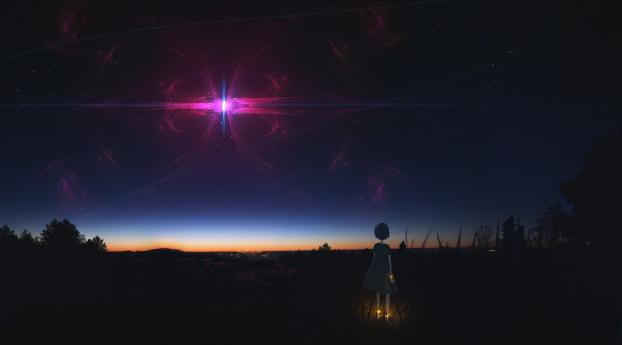 Anime Girl Staring At Night Sky Wallpaper 1440x900 Resolution