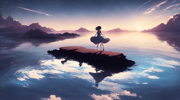 Anime Girl Walking on Water 2023 AI Art Wallpaper