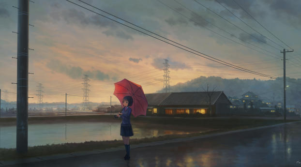 Anime Girl Walking With Umbrella Art Wallpaper