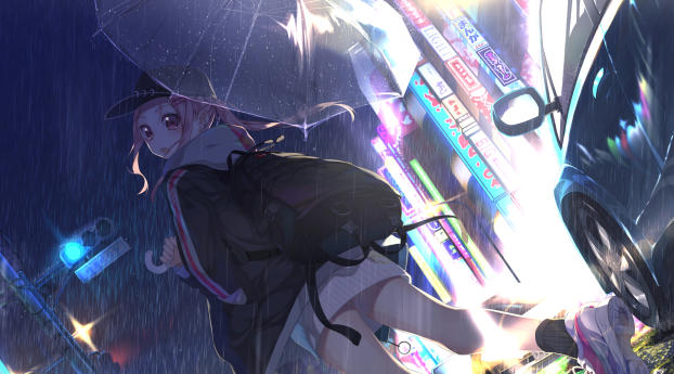 Anime Girl with Umbrella In Rain Wallpaper 1450x550 Resolution
