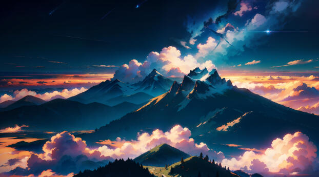 Anime Landscape Mountains Peak Wallpaper 2048x1152 Resolution