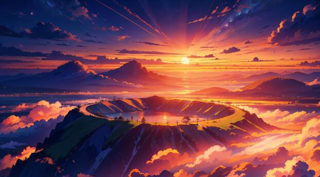 Anime Sunset 4K Aesthetic Digital Wallpaper 1440x3120 Resolution