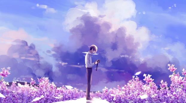 Animeguy Animemanga Clouds Digital Flowers Illustration Lavender Wallpaper 1440x2560 Resolution