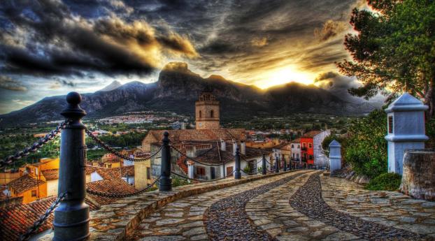 architecture, streets, mountains Wallpaper 2560x1024 Resolution