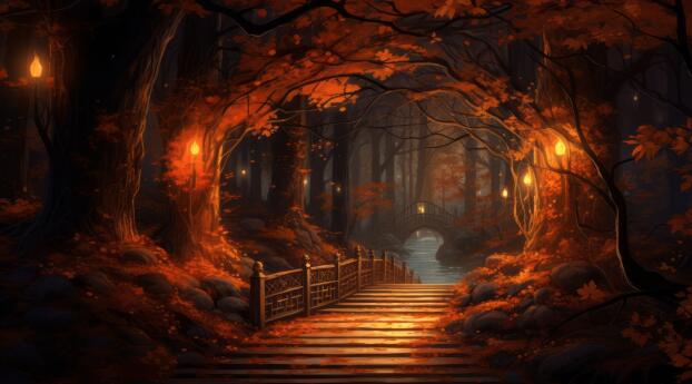 Artistic Fall HD Fantasy Bridge Wallpaper 1080x224 Resolution