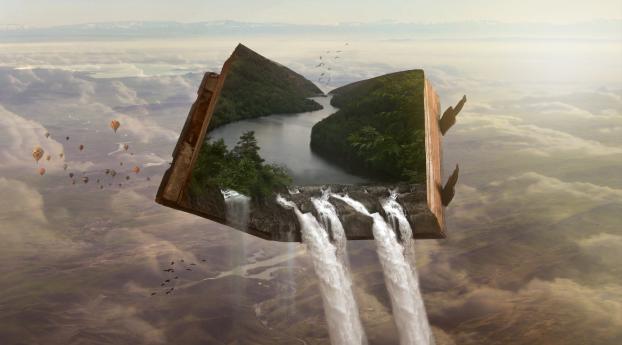 Artistic Fantasy Book River Waterfall Inside Wallpaper 1336x768 Resolution