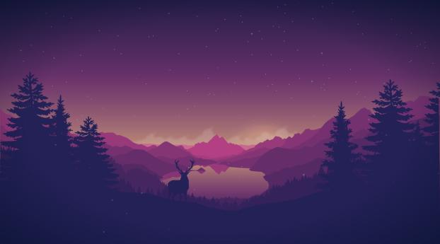 Artistic Forest Mountains Lake And Deer Wallpaper 2048x2048 Resolution
