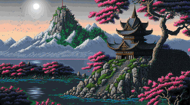 Artistic Pixel Art Fantasy Town Wallpaper 1024x1024 Resolution