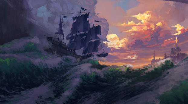 Artistic Sailing Ship in Ocean Wallpaper 1366x768 Resolution