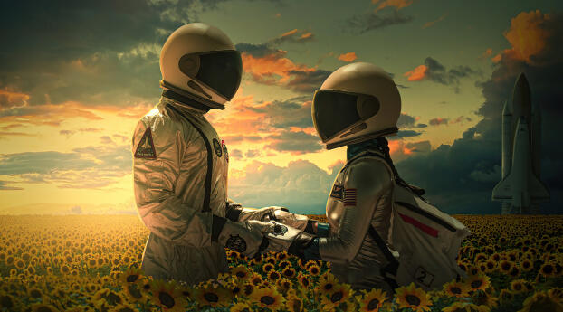Astronauts in Love Digital 5K Wallpaper 3449x1440 Resolution