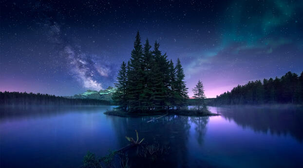 Aurora Borealis at Two Jack Lake HD Canada Wallpaper 1440x310 Resolution