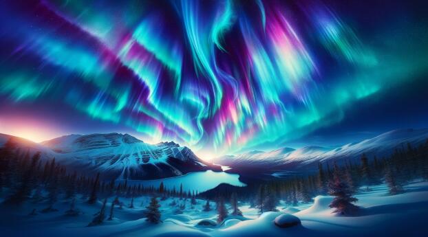 Aurora Borealis Over Snowy Mountain Wallpaper