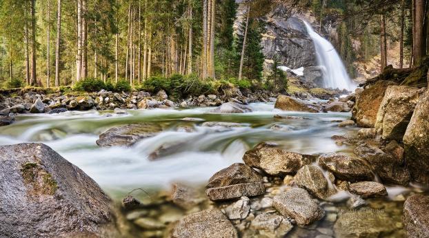 austria, waterfall, forest Wallpaper