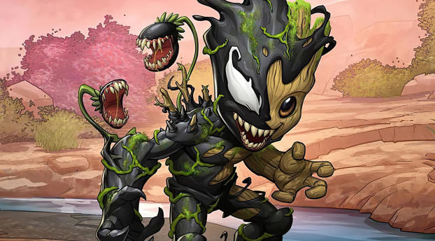 Baby Groot and Venom Wallpaper 864x480 Resolution