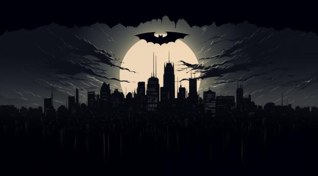 Batman Emblem Over Dark Gotham City Wallpaper 320x240 Resolution