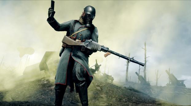 Battlefield 1 Soldier With Rifle And Gas Mask Wallpaper 2560x1080 Resolution