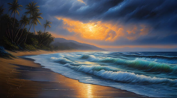 Beach Waves HD AI Coast Sunset Wallpaper 2048x2048 Resolution