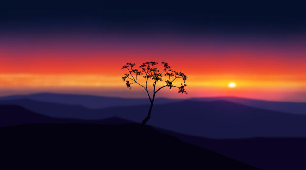 Beautiful 4K Sunset in Mountains and A Single Tree Wallpaper