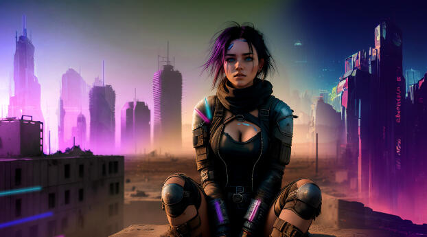 Beautiful HD Cyberpunk Girl in Cyber City Wallpaper 1440x2880 Resolution