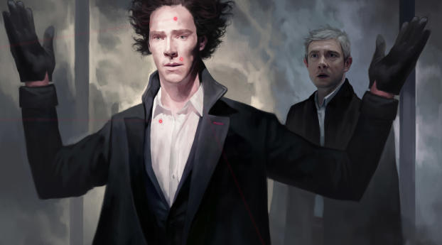 Benedict Cumberbatch And Martin Freeman Sherlock Artwork Wallpaper 5120x1444 Resolution
