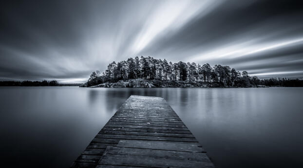 Black And White Image Of Lake Sweden Pier 4K Wallpaper 2560x1140 Resolution