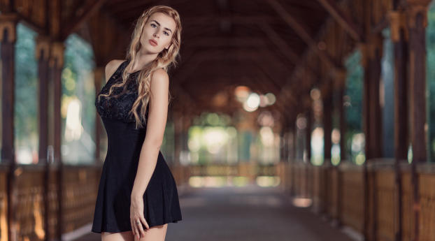 Blonde Girl In Black Dress Wallpaper 1080x2246 Resolution