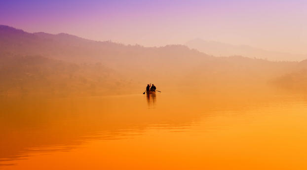 boat, lake, mist Wallpaper