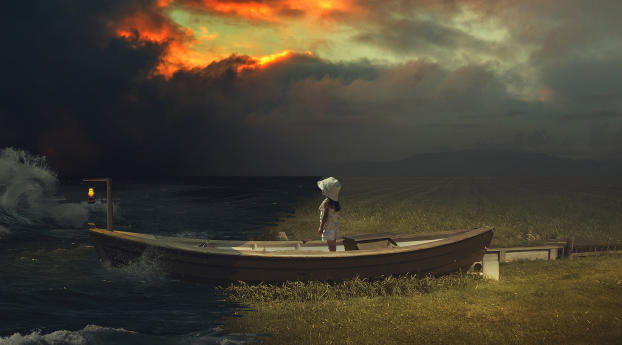 Boat, Lantern And Girl In Dark Night Art Wallpaper 2560x1700 Resolution