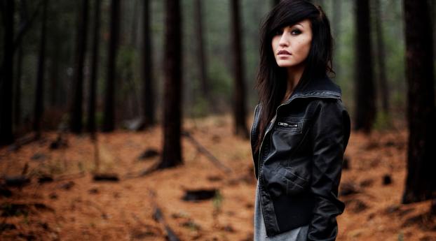 brunette, forest, jacket Wallpaper 640x960 Resolution