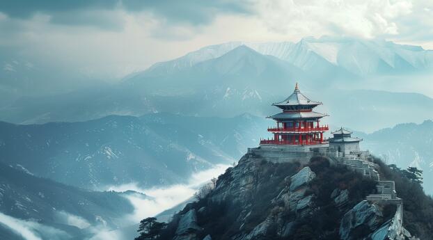 Buddhist Temple at Mountain Wallpaper 4320x7680 Resolution