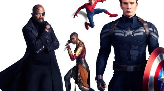 Captain America, Okoye, Nick Fury And Spider-Man In Avenders Wallpaper 1125x2436 Resolution