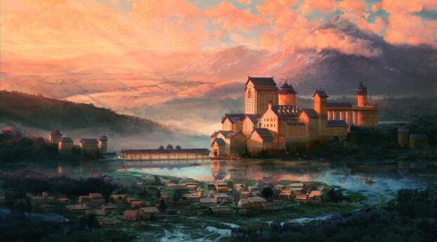 Castle Cool Fantasy Landscape Illustration Wallpaper 1082x2042 Resolution
