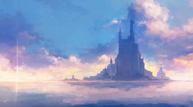 Castle In The Middle Of The Sea Art Wallpaper 1235x338 Resolution