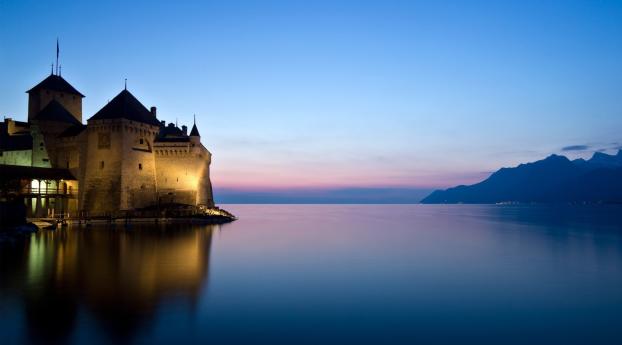 castle, river, lake Wallpaper