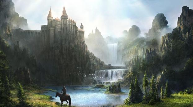 castle, waterfall, mountains Wallpaper 1440x2560 Resolution