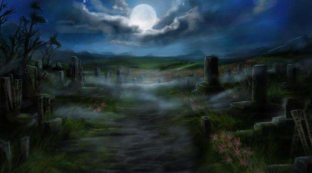 cemetery, tombstones, full moon Wallpaper