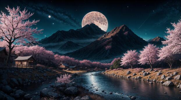 Cherry Blossom 4K Mountain River Landscape Wallpaper 1440x2992 Resolution